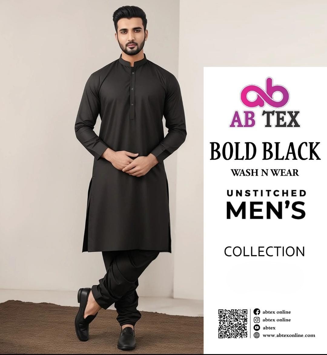 Bold Black Wash n Wear Fabric | Stylish Unstitched Suit for Mens