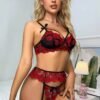 Black rose lace bridal lingerie bra and garter set, 3 piece luxury lingerie set with red floral embroidery, Bridal garter belt lingerie set for women Pakistan, Honeymoon lace lingerie set online shopping Pakistan,