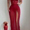 Turkish soft silk red lace nighty front view for women , Bridal honeymoon nighty with front slit maxi skirt Pakistan , Red lace bodysuit nighty back view with tie straps , Elegant Turkish nightwear for women online Pakistan ,