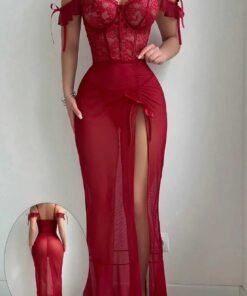 Turkish soft silk red lace nighty front view for women , Bridal honeymoon nighty with front slit maxi skirt Pakistan , Red lace bodysuit nighty back view with tie straps , Elegant Turkish nightwear for women online Pakistan ,